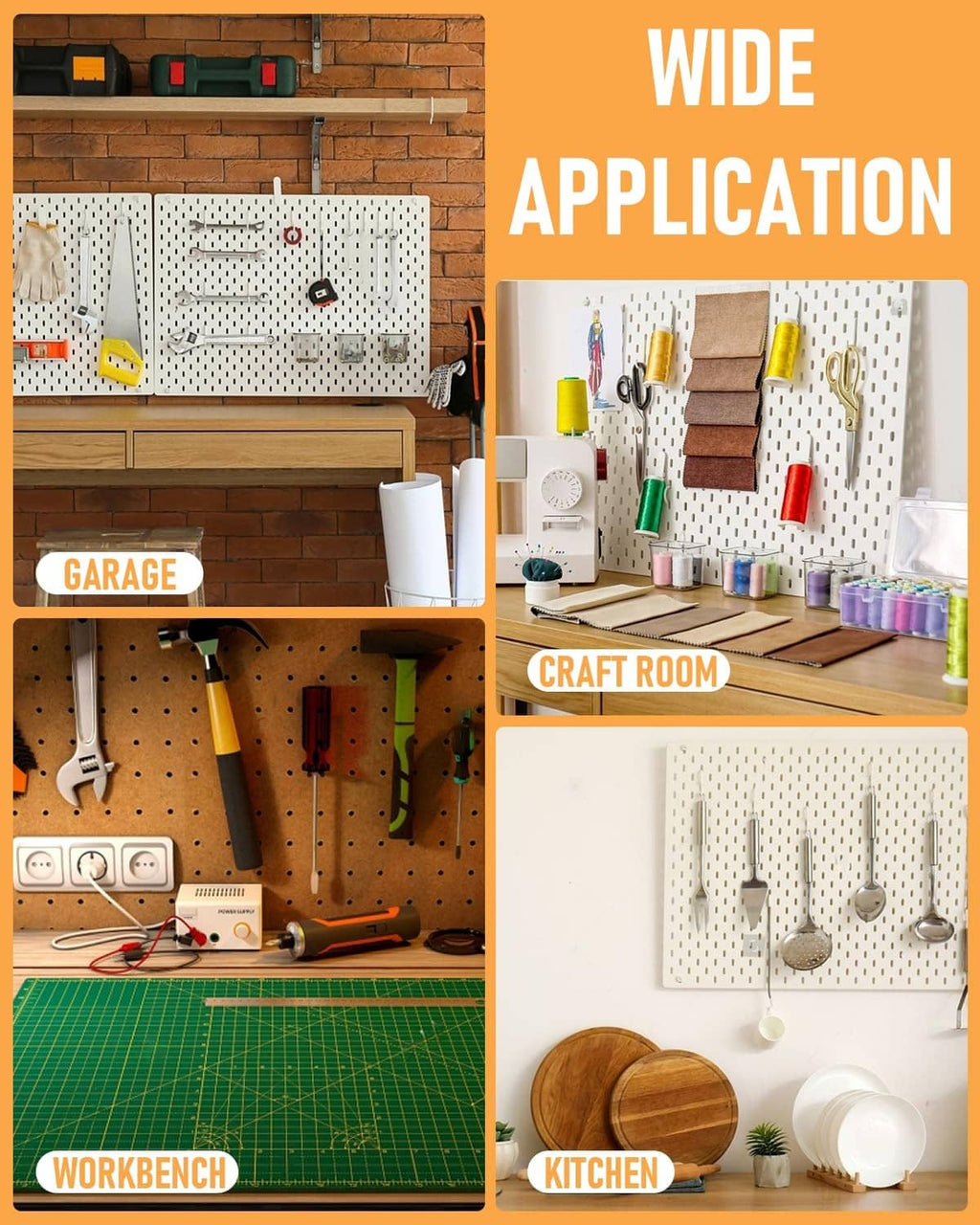 Pegboard organizer kit shown in multiple rooms with hooks, rails, and bins