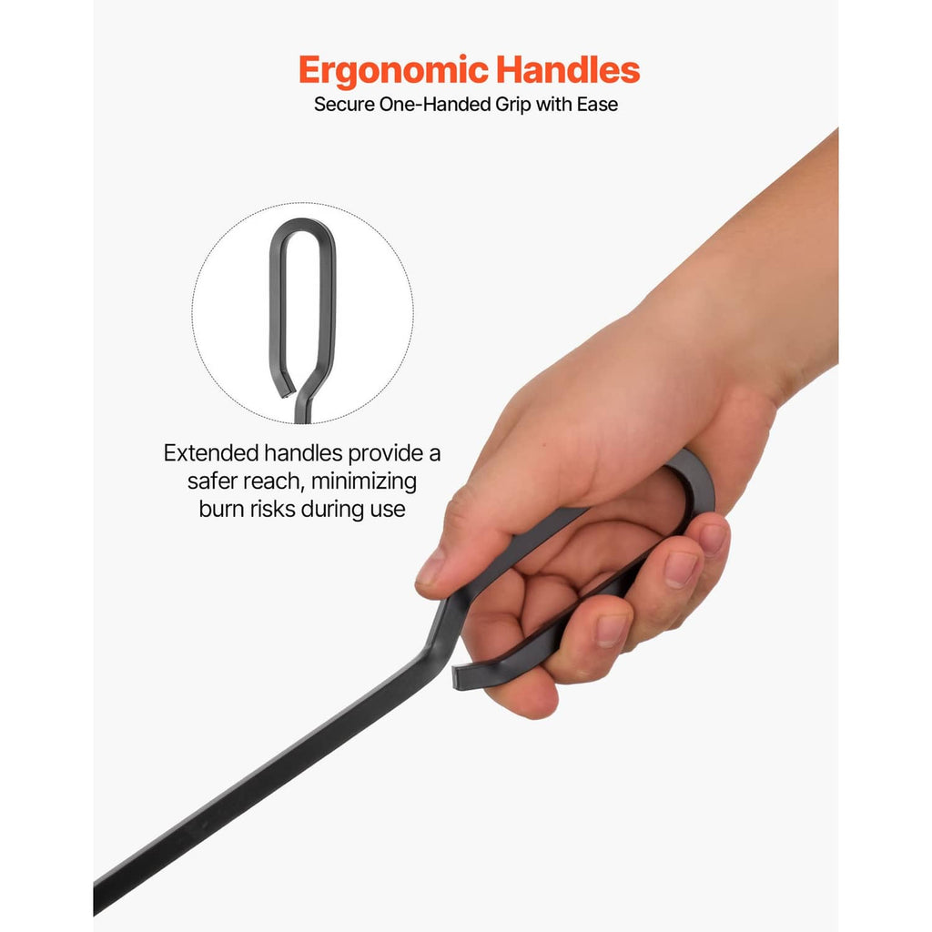 Black poker tool with curved ergonomic handle grip from a fireplace tool set
