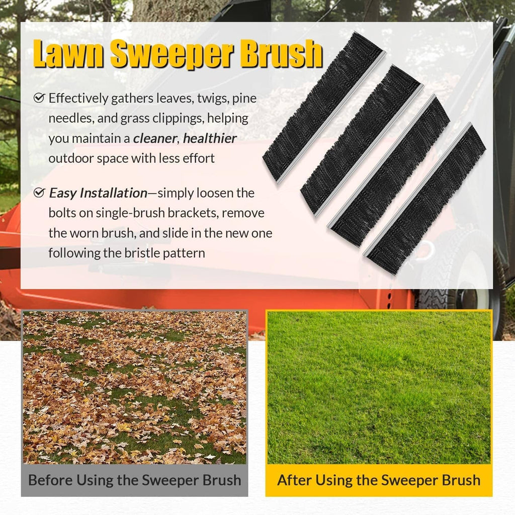 Lawn sweeper brush pair with black bristles on gray bars, angled overhead view