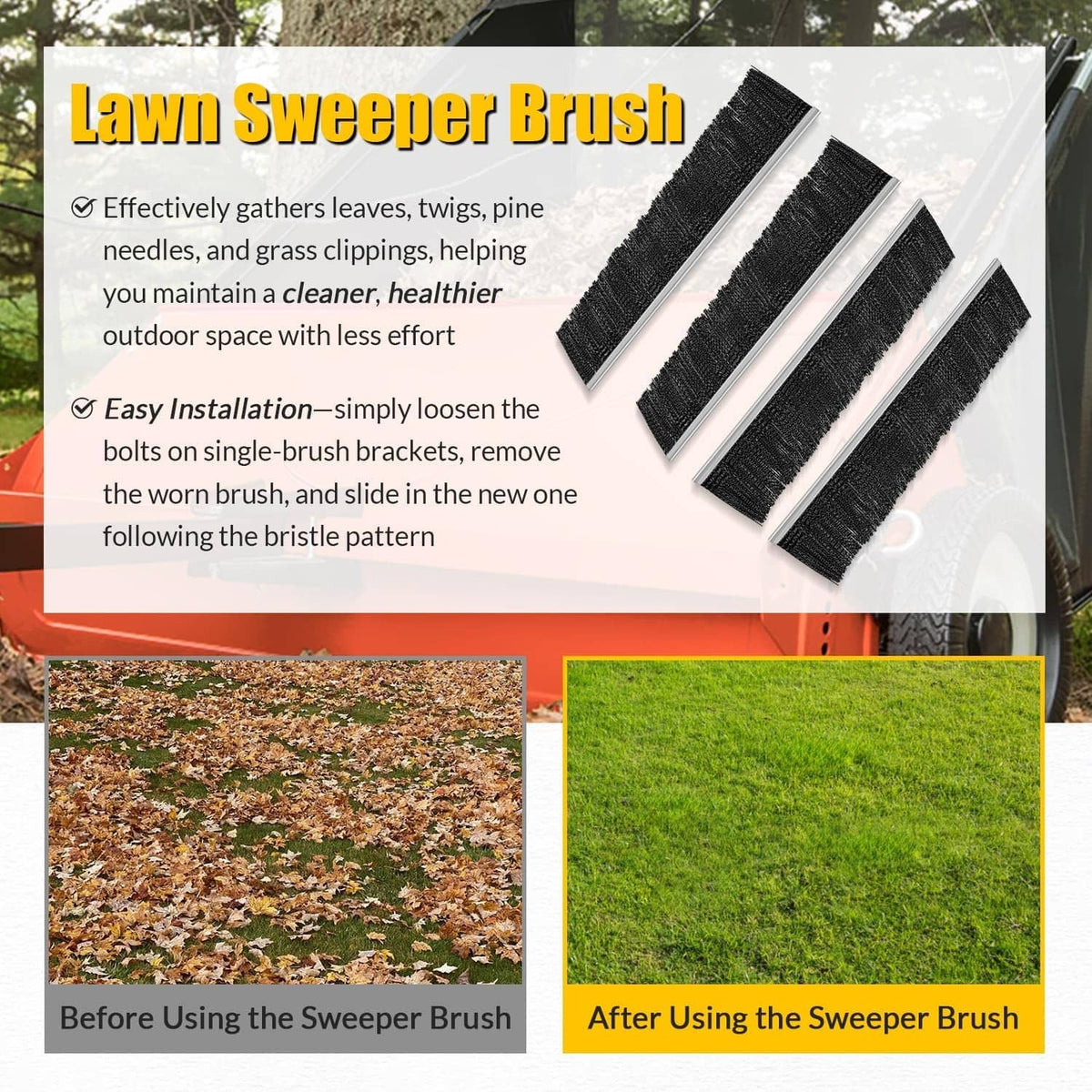 Lawn sweeper brush pair with black bristles on gray bars, angled overhead view