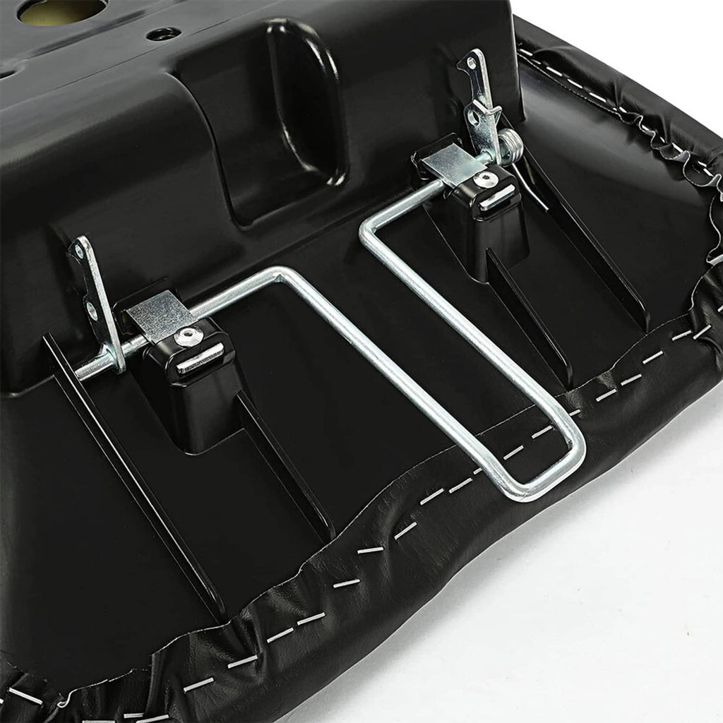 Black ATV seat base with metal latch brackets and reinforced support bars.