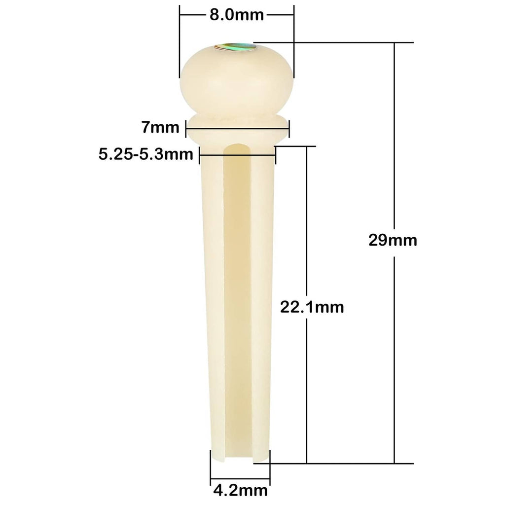 Natural bone-look guitar bridge pin with iridescent inlay cap, size diagram view