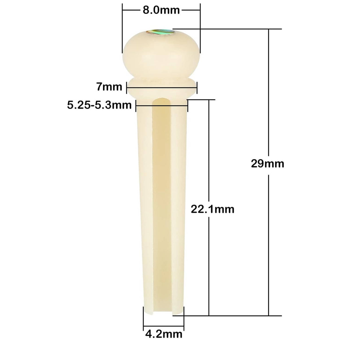 Natural bone-look guitar bridge pin with iridescent inlay cap, size diagram view