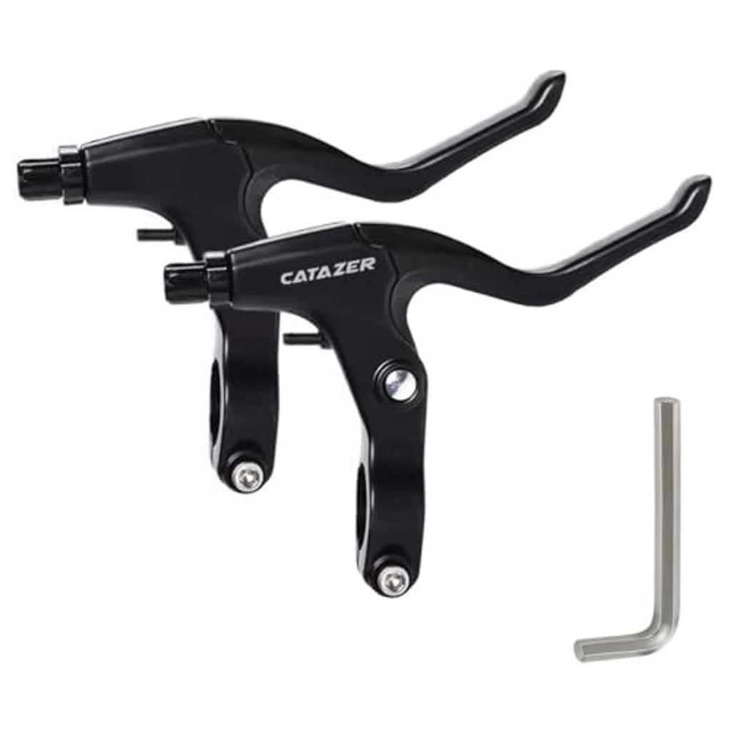 Black three-finger bicycle brake levers with cable clamps; includes L-shaped hex key.