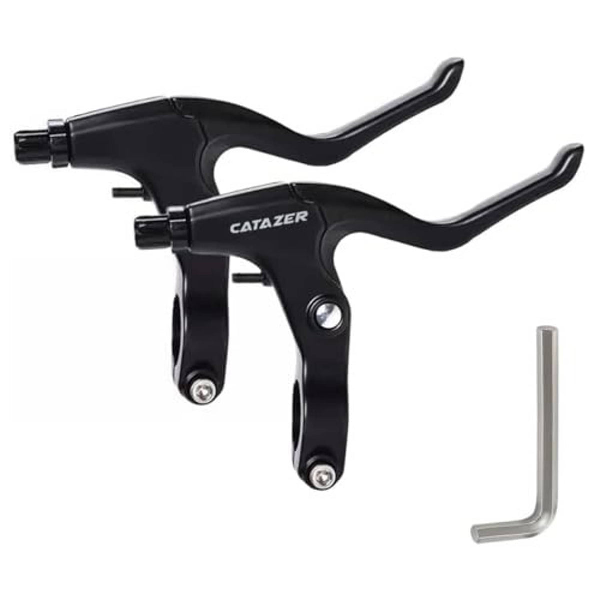 Black three-finger bicycle brake levers with cable clamps; includes L-shaped hex key.
