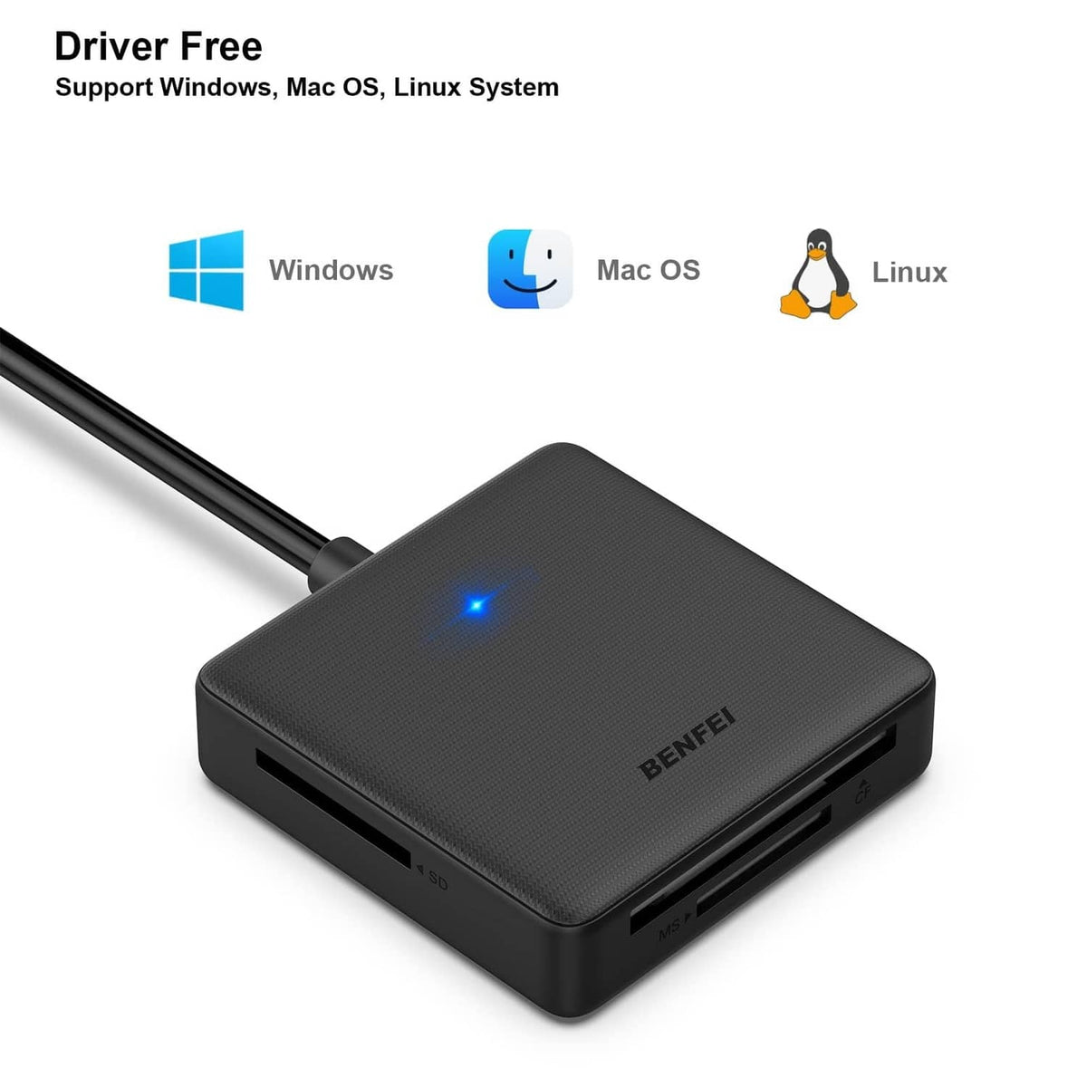 Benfei 4-in-1 card reader with blue indicator light, showing driver support icons