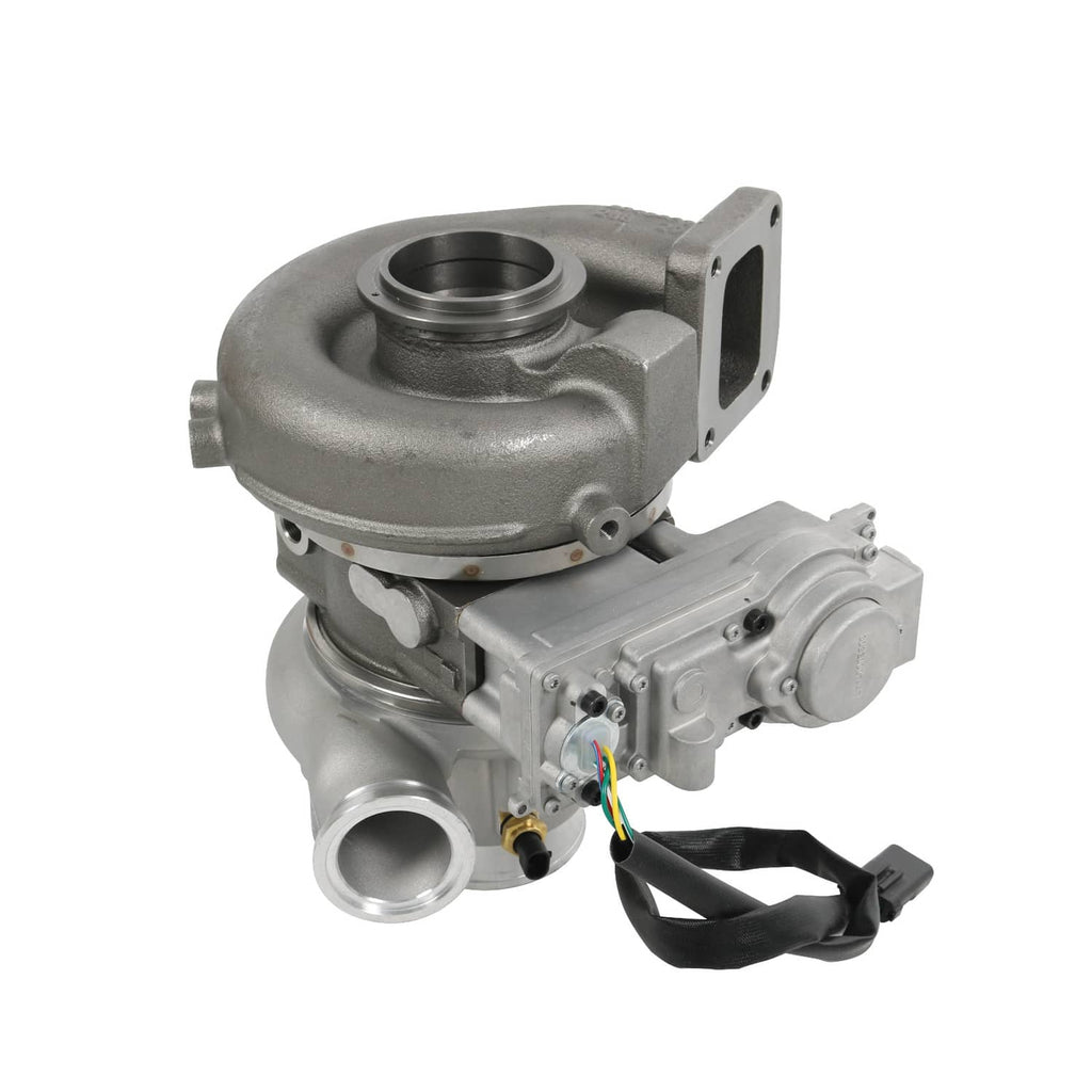 Turbocharger assembly with inlet and outlet ports, solenoid valve wiring harness visible
