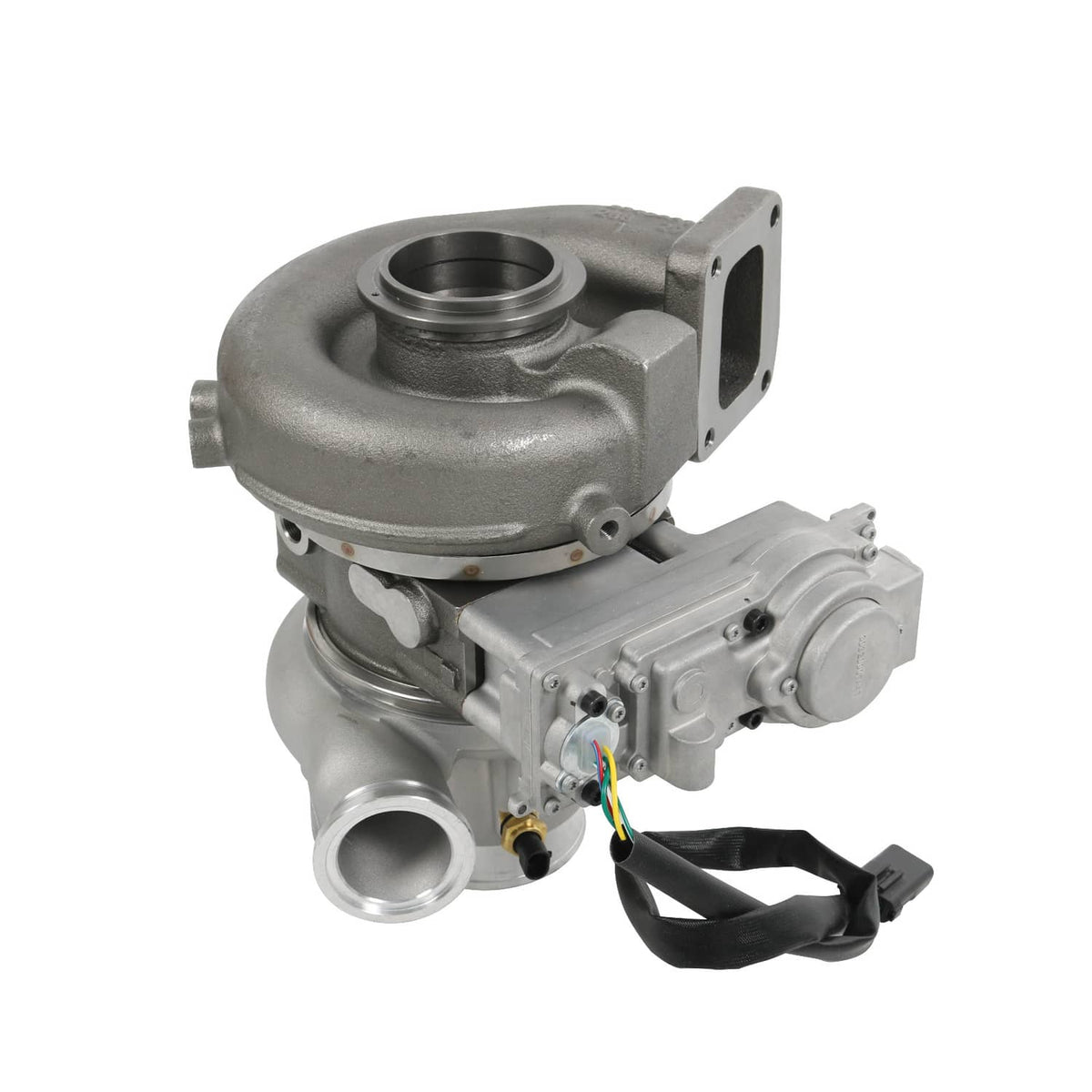Turbocharger assembly with inlet and outlet ports, solenoid valve wiring harness visible