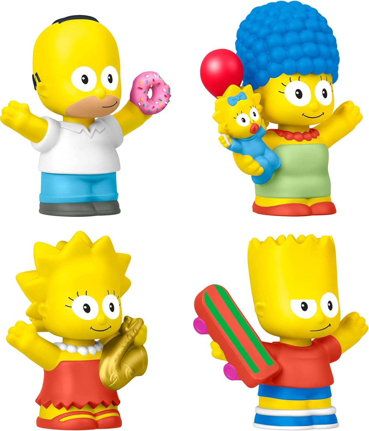 Close-up of four yellow character collectible figures holding a skateboard, donut, guitar