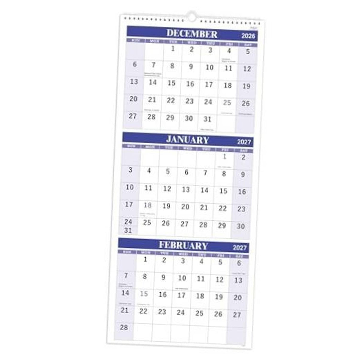 3-month wall calendar showing December 2026, January 2027, and February 2027 with purple headers