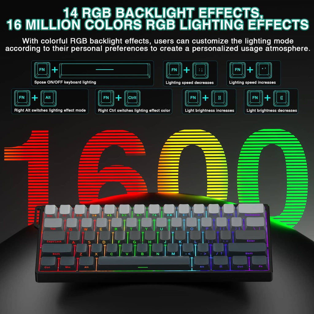 RGB backlit gaming keyboard with multi-color lighting and gray keycaps across the layout.