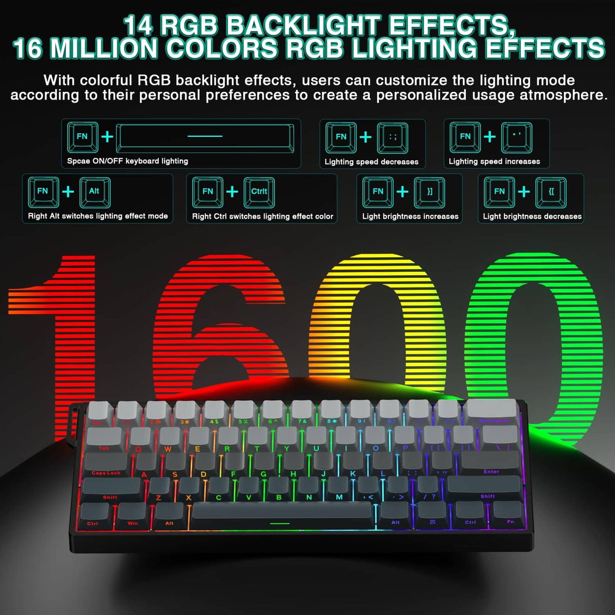 RGB backlit gaming keyboard with multi-color lighting and gray keycaps across the layout.