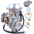 ATV carburetor assembly with round air intake, brass fitting, and black fuel line
