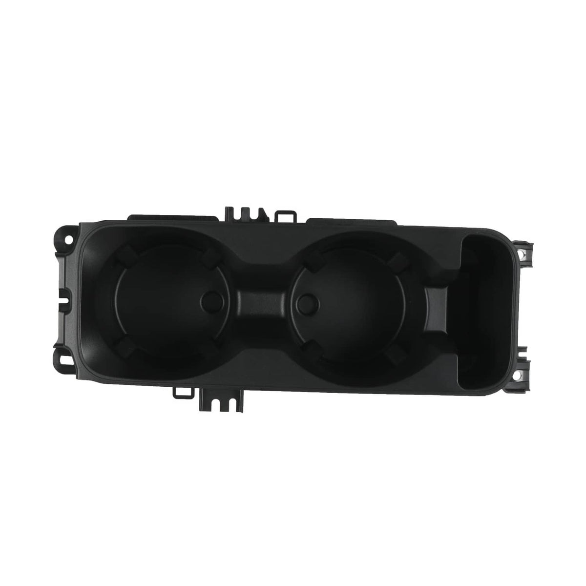 Black dual cup holder insert with two circular wells and side storage opening