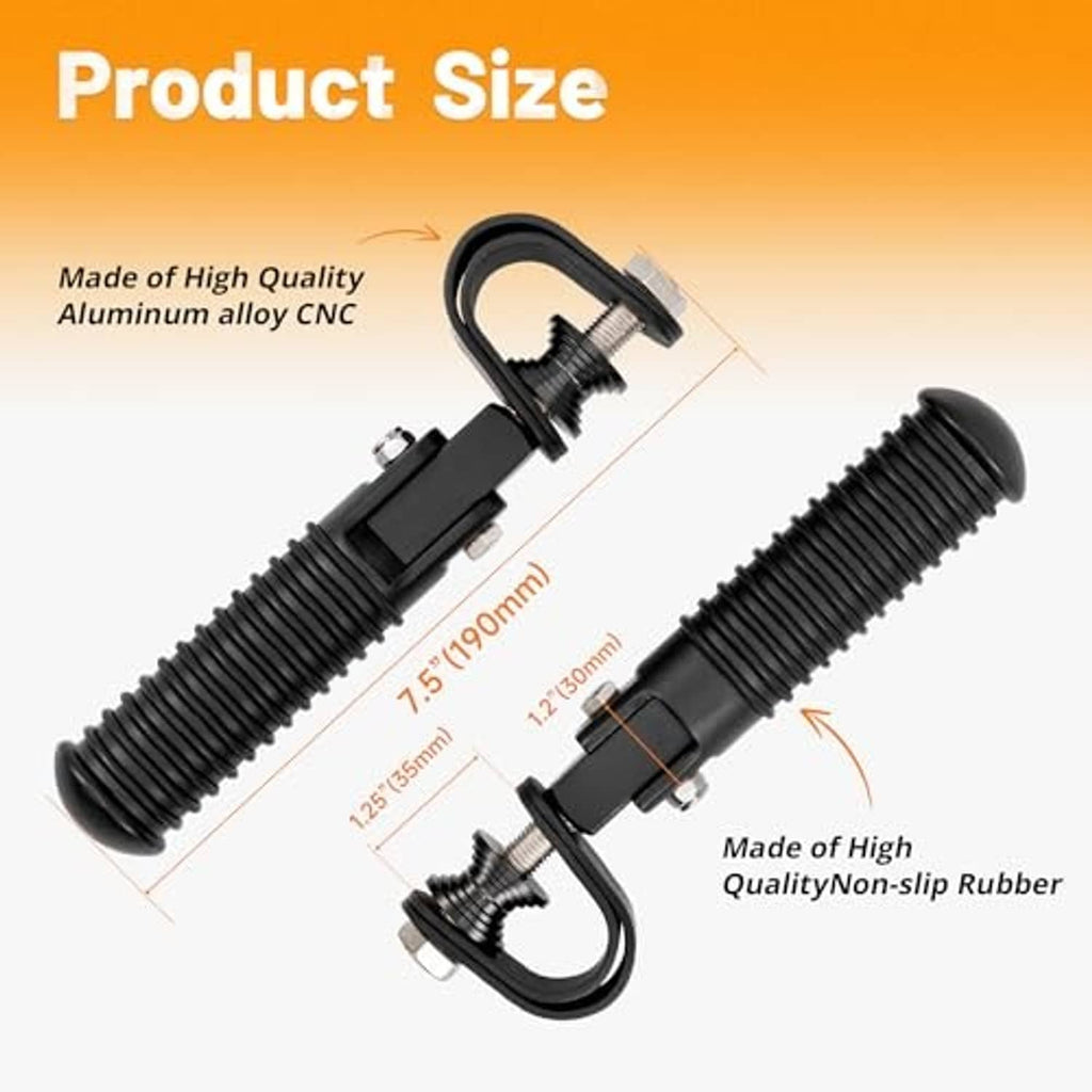 Black motorcycle foot pegs set with ribbed rubber covers and U-shaped mounting clamp