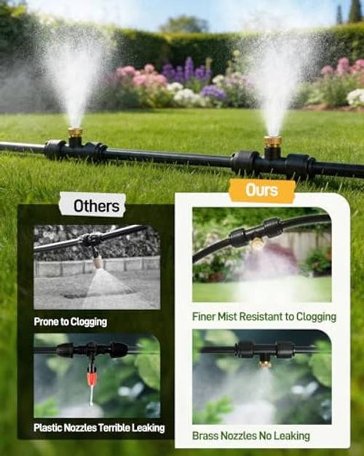 Outdoor misting system with brass nozzles producing fine mist across garden area