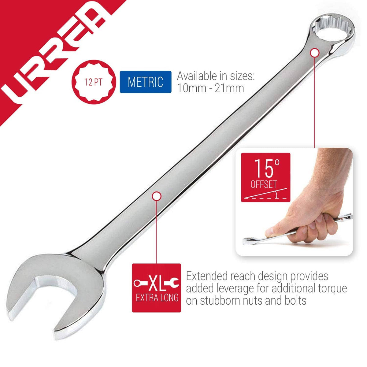 Urrea extra-long combination wrench, 10mm 12-point box end, chrome finish