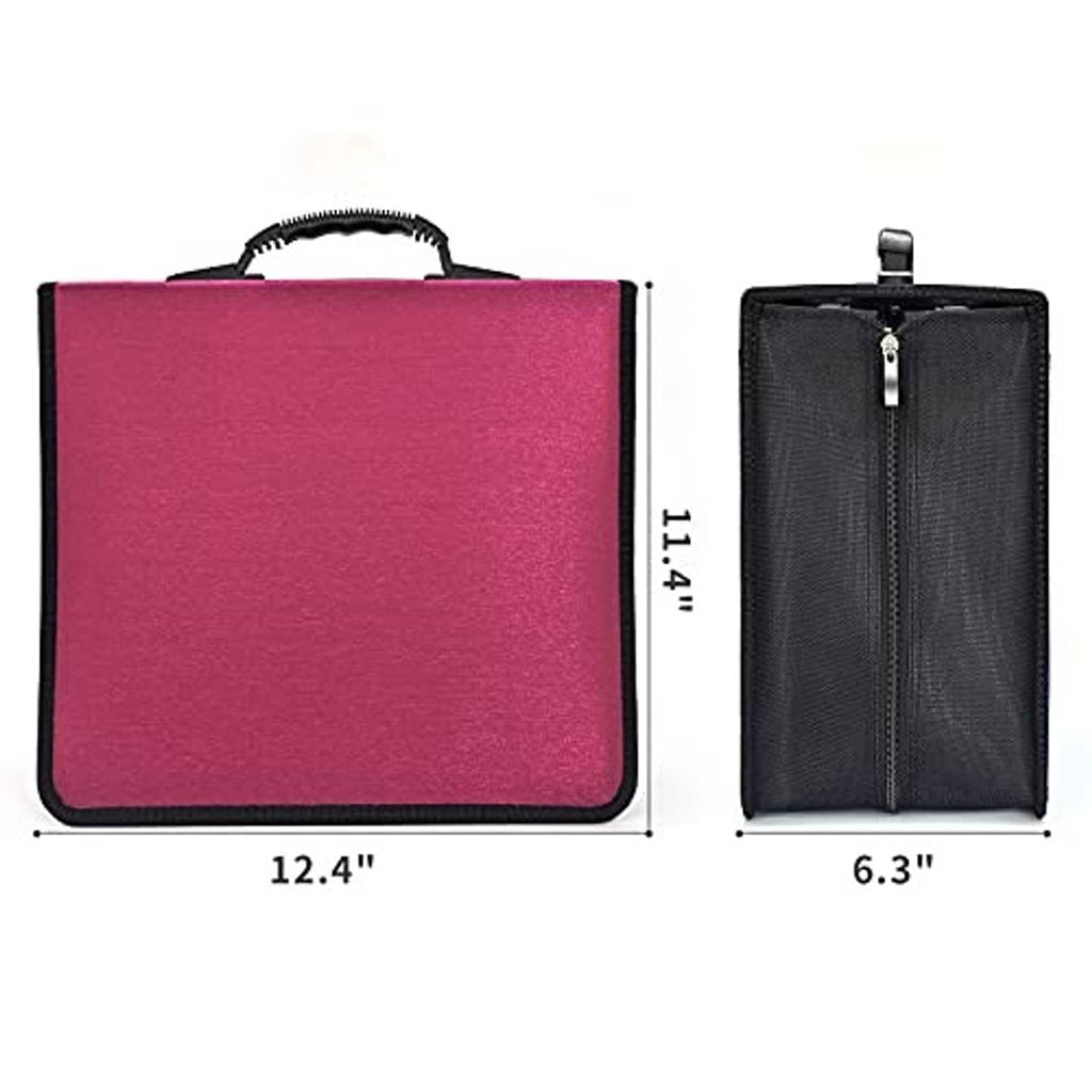 Red CD/DVD case with carry handle; side view shows tall zipper pocket and size.