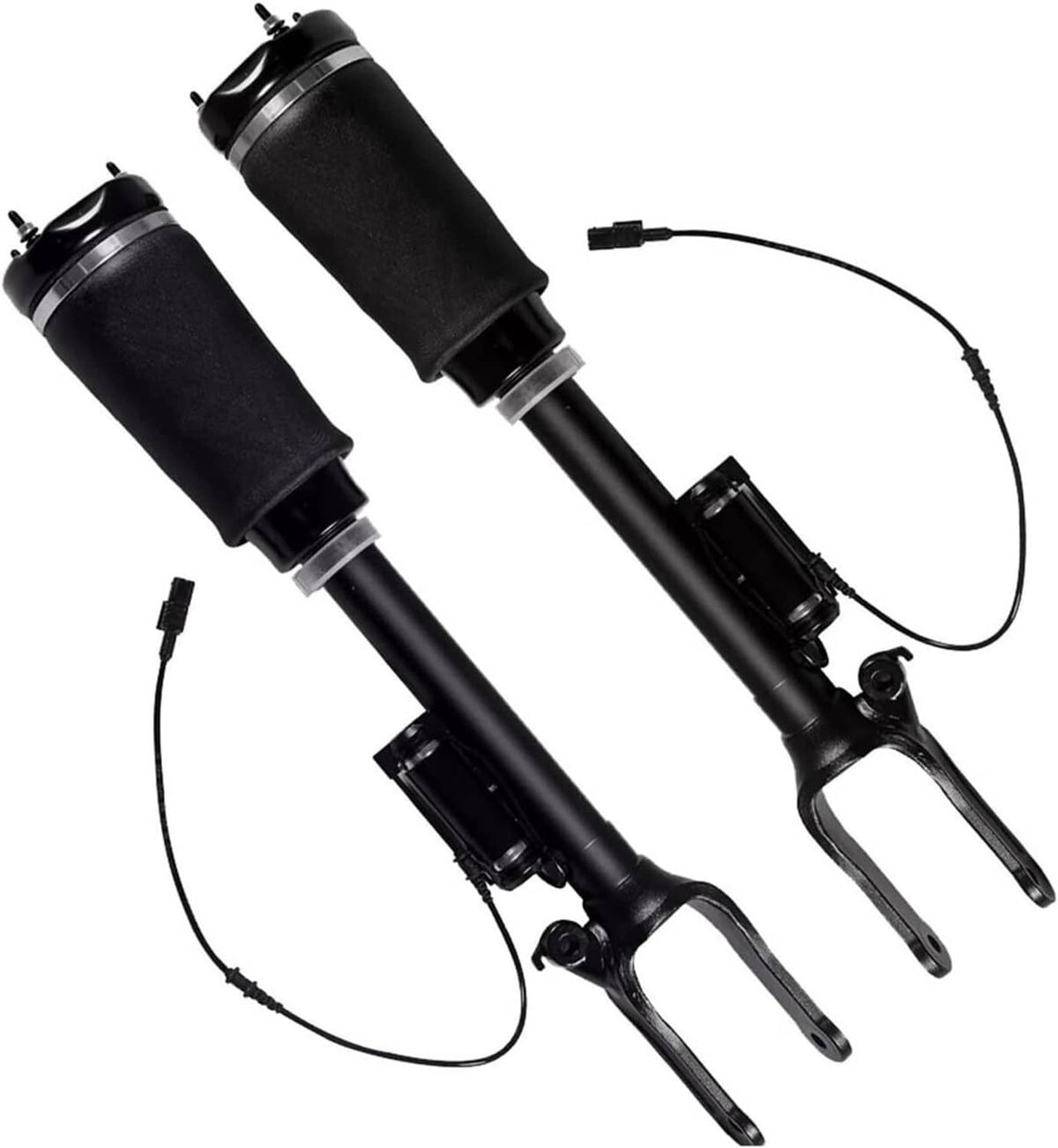 Front air suspension struts with black air springs, wiring, and fork mounts