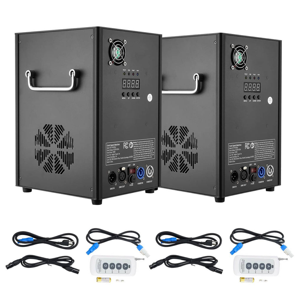 Pair of black DMX cold spark machines with side handles and control panels