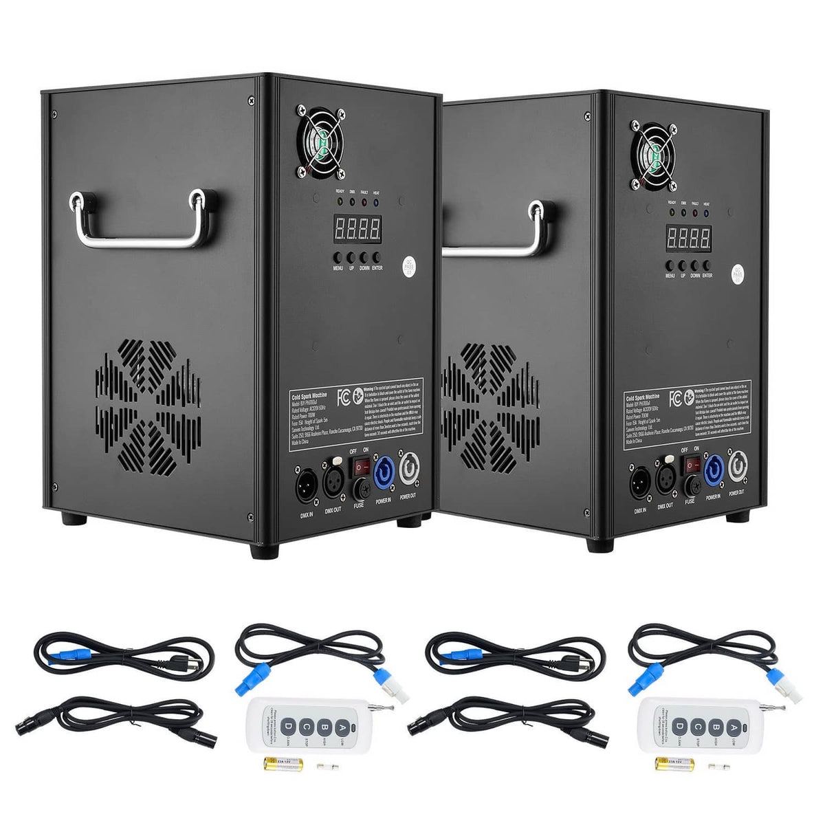 Pair of black DMX cold spark machines with side handles and control panels