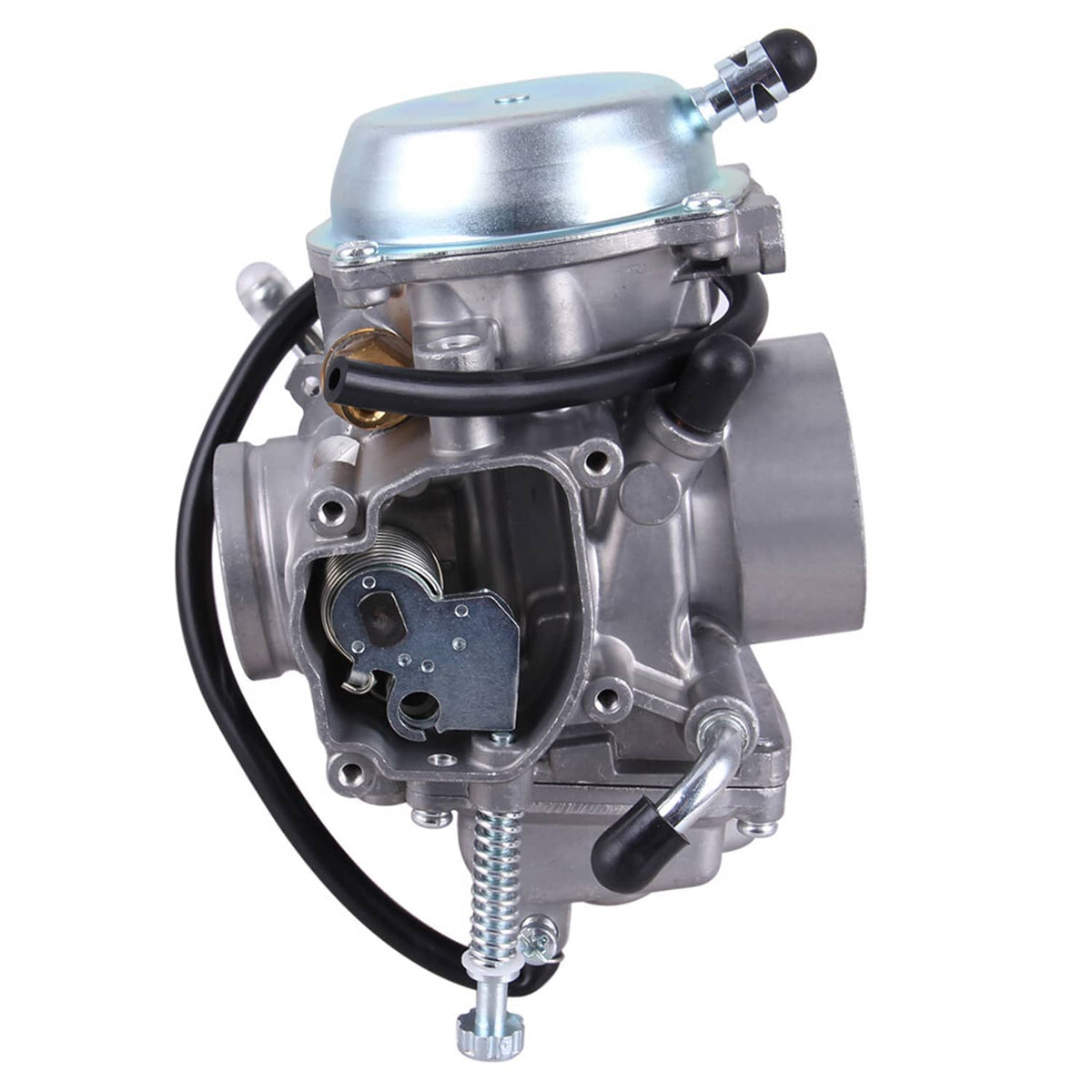 Carburetor assembly with intake opening, black rubber hoses, and mounted control components