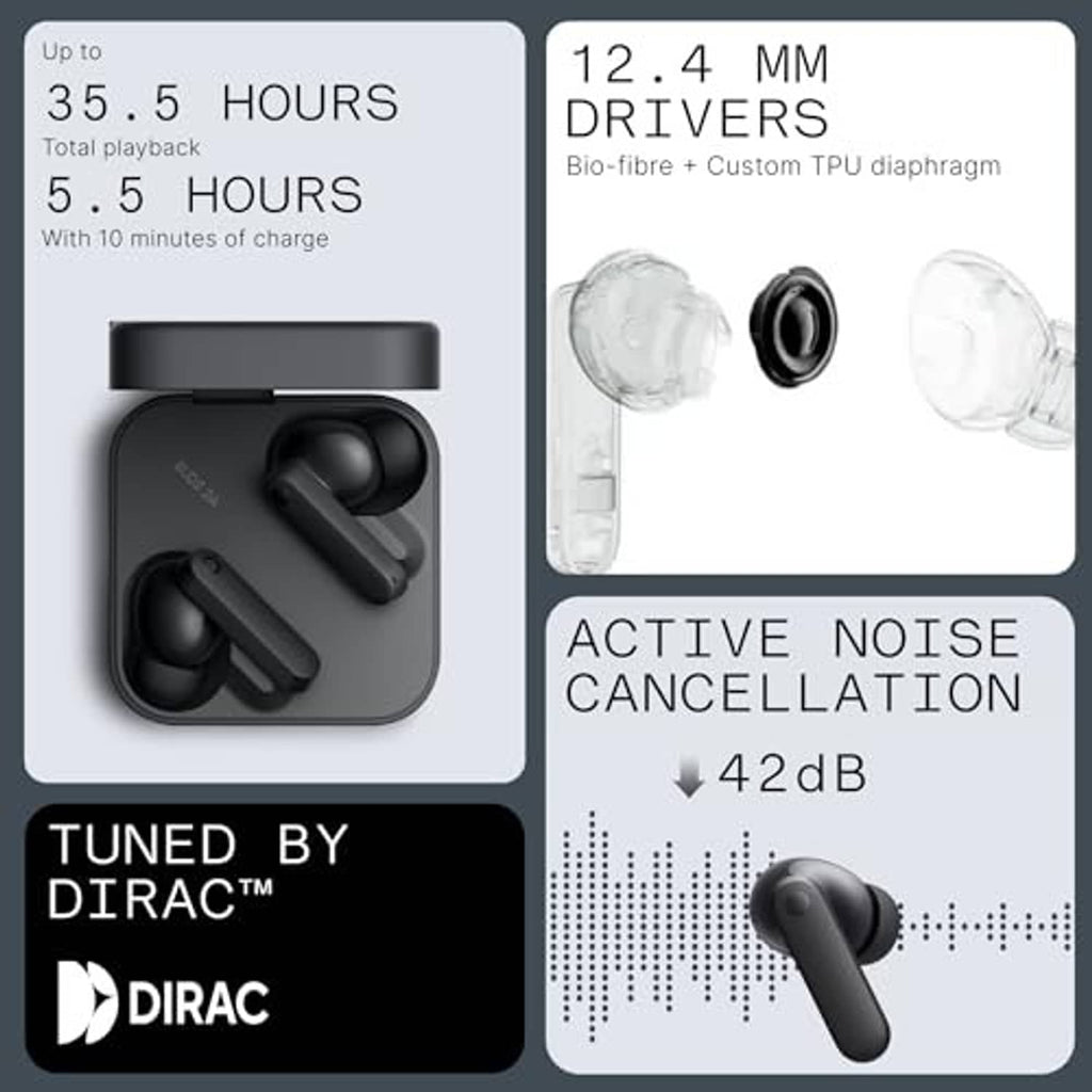 Wireless earbuds and charging case with battery and driver feature graphics