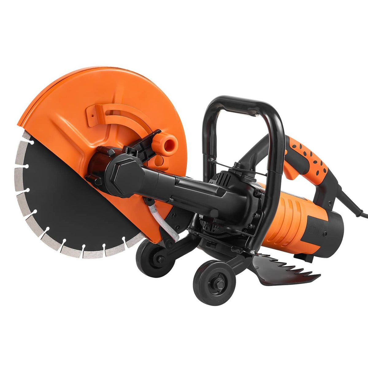 12-inch electric concrete wet/dry saw with diamond blade and cart wheels, orange/black