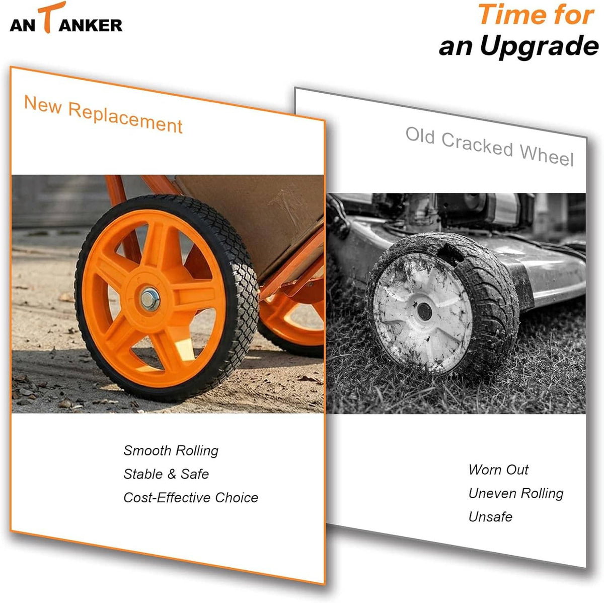 Replacement mower wheel with orange rim and black tire versus worn cracked wheel
