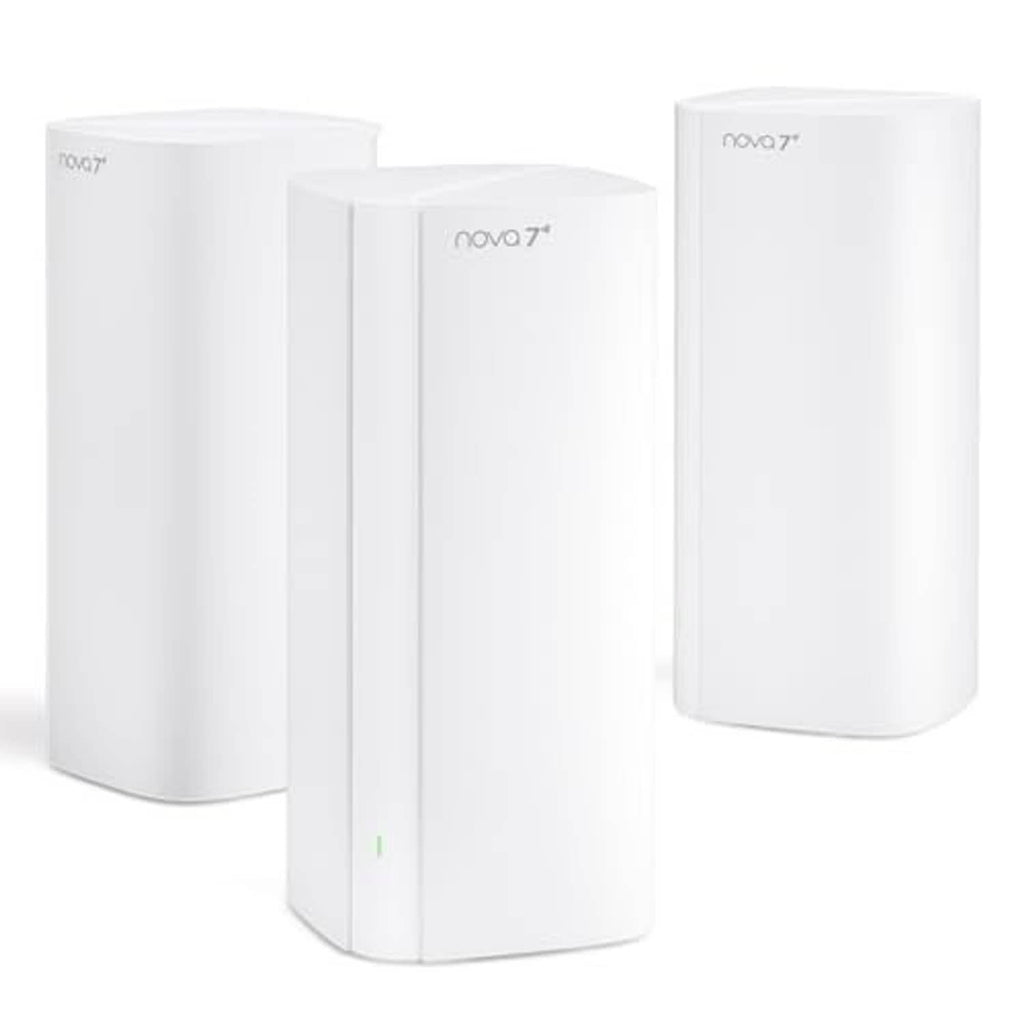 Three white mesh WiFi router nodes arranged in a triangular view, compact cylindrical design