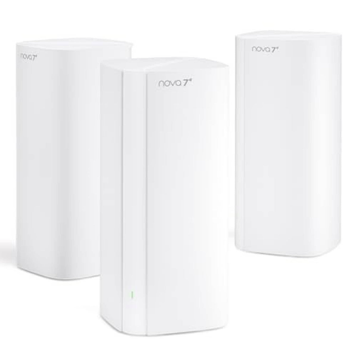 Three white mesh WiFi router nodes arranged in a triangular view, compact cylindrical design