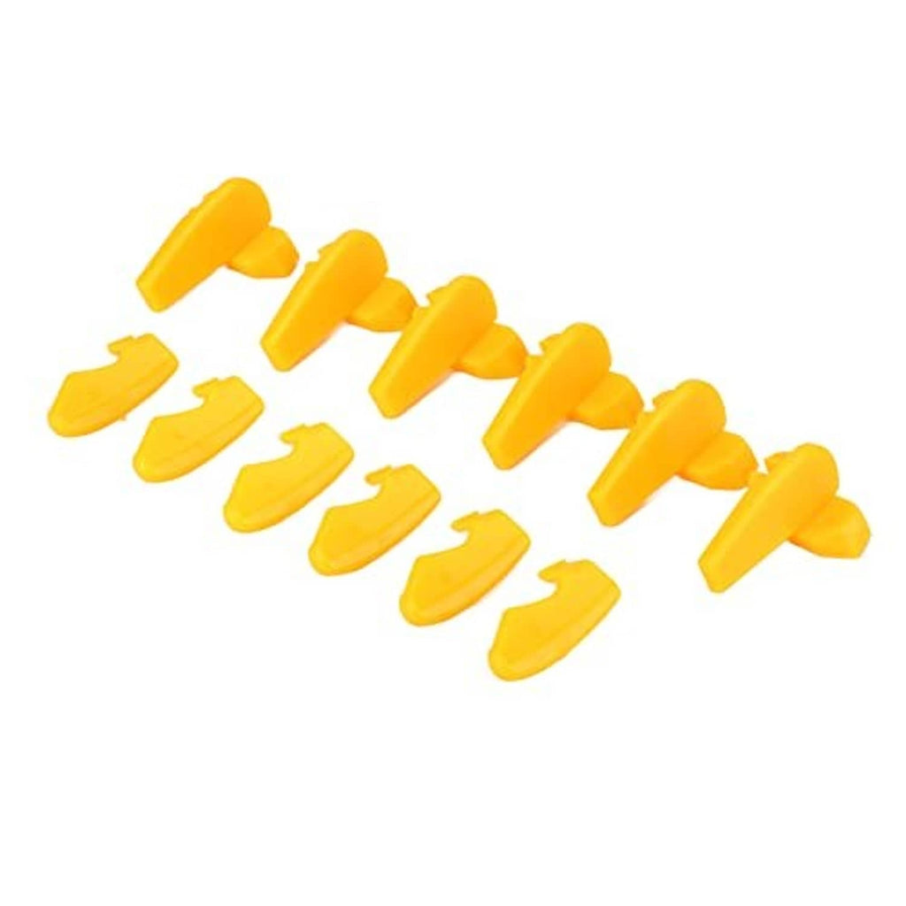 Yellow plastic tire rim mounting tool set with multiple curved hook styles