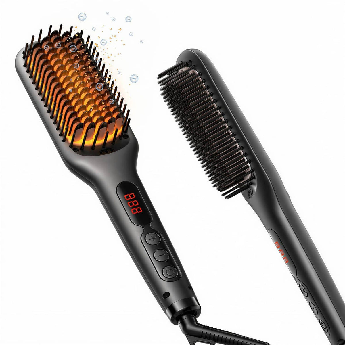 Black heated hair straightener brush with orange-tipped bristle comb head
