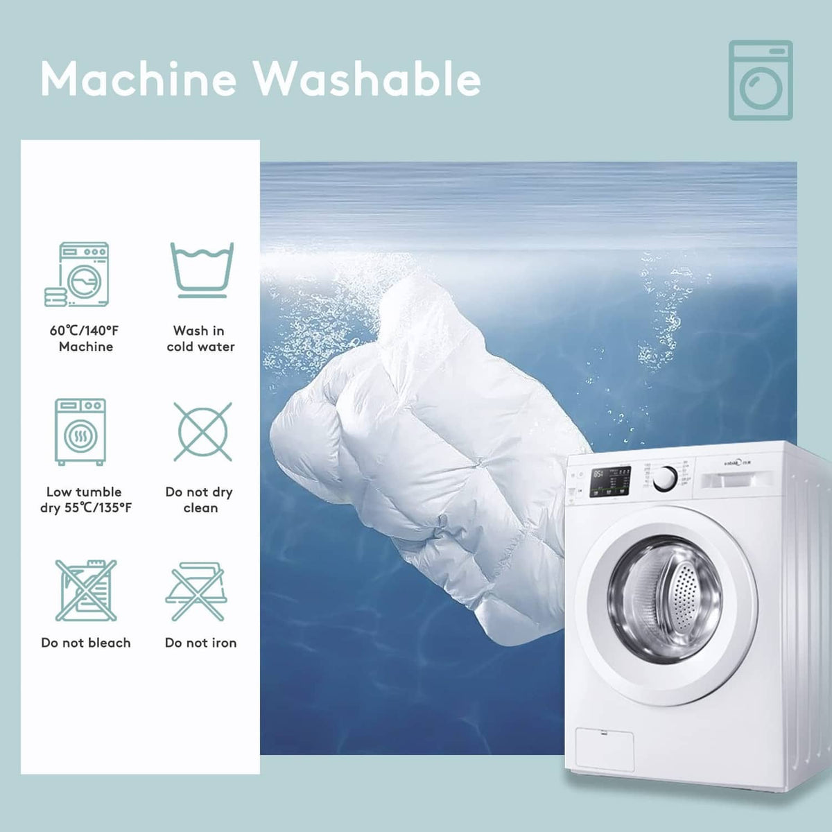 White machine-washable mattress topper pad with washing care icons