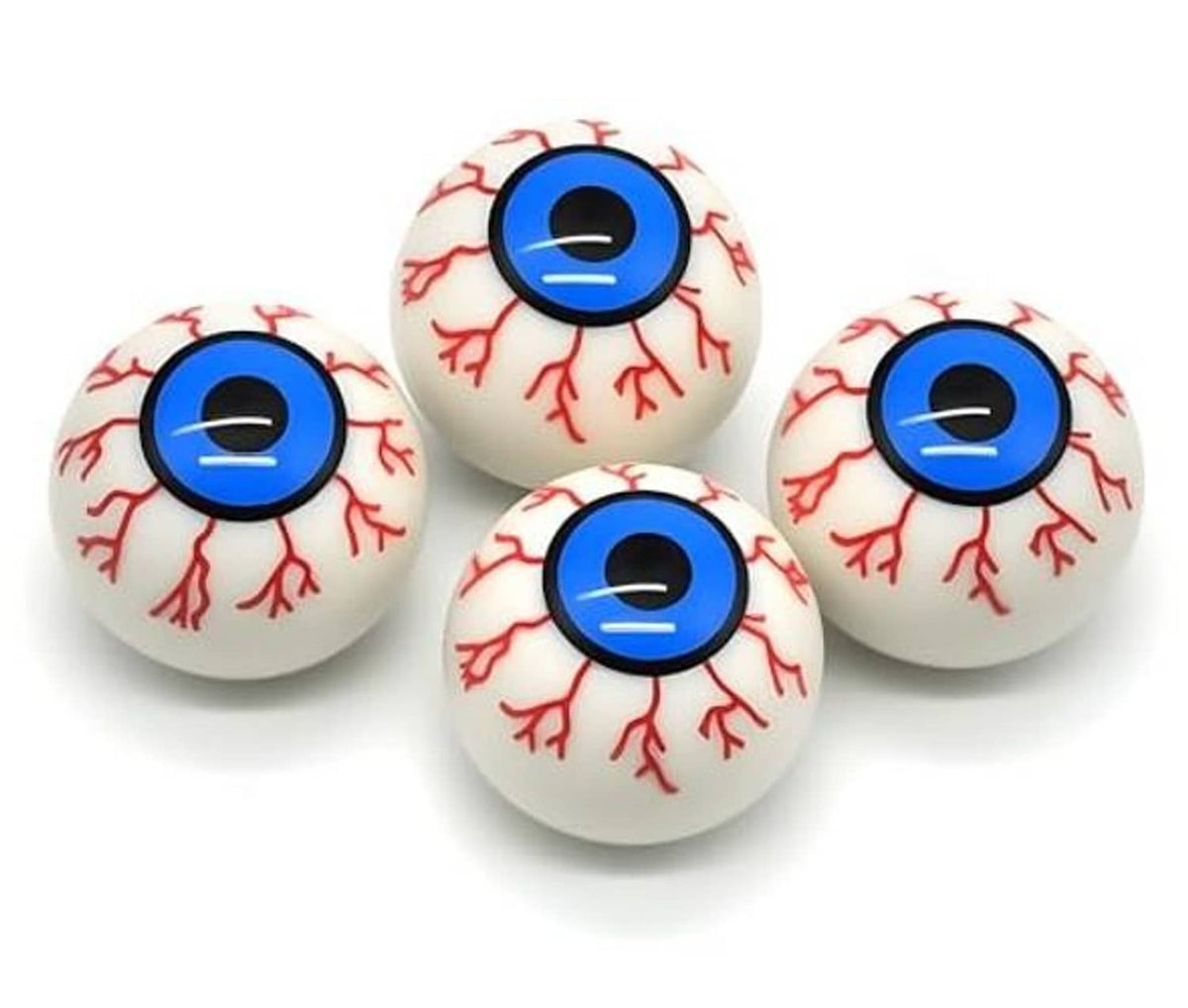 Four eyeball-style tire valve caps, white shells with red veins and blue eye details