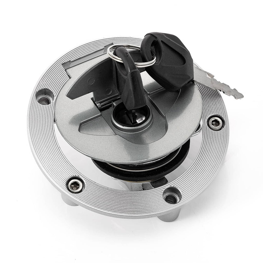 Silver locking fuel cap with keys and four mounting screws