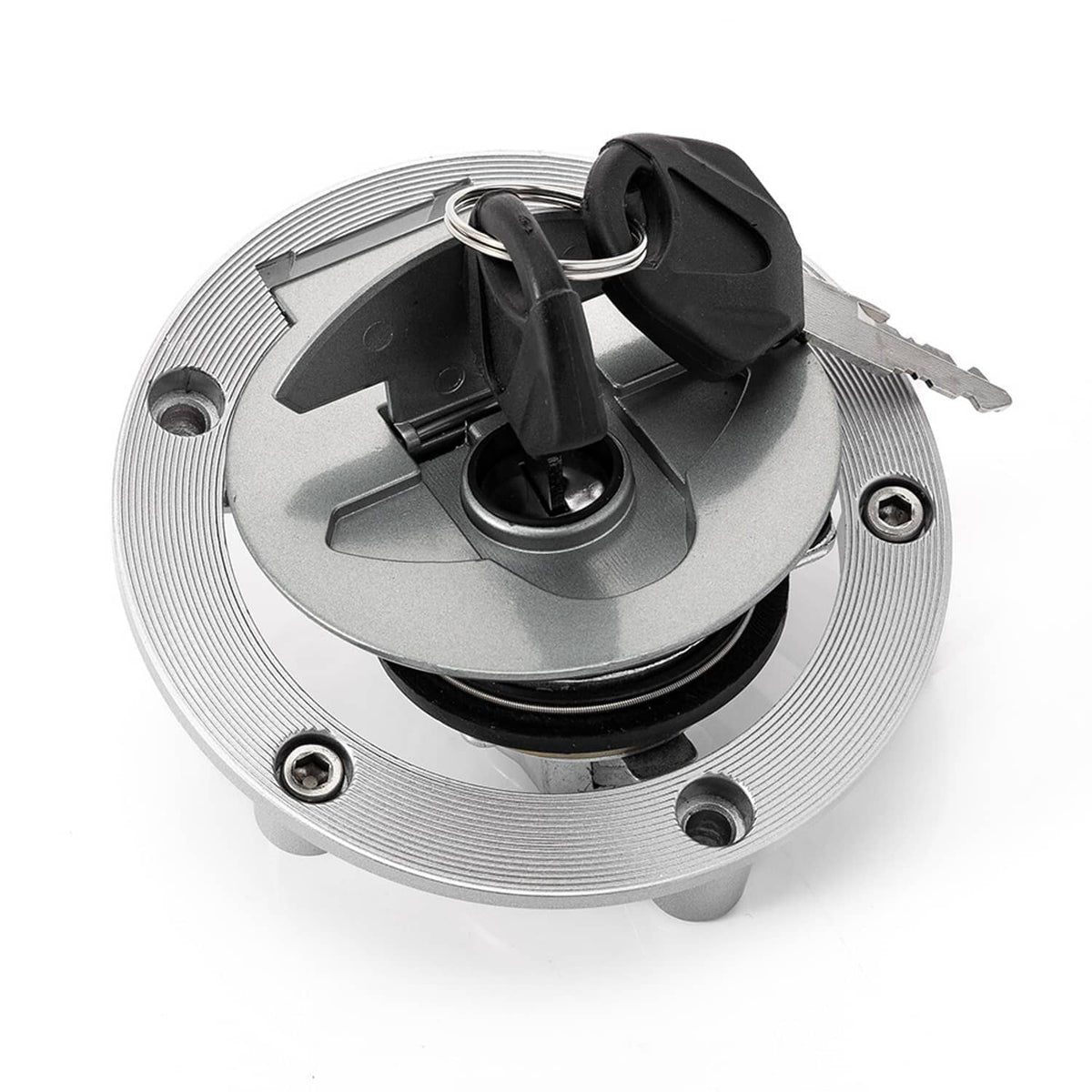 Silver locking fuel cap with keys and four mounting screws