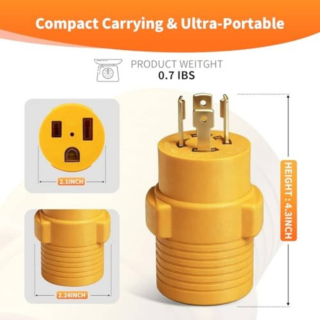 Yellow compact adapter plug with twist-lock outlet and small molded grip