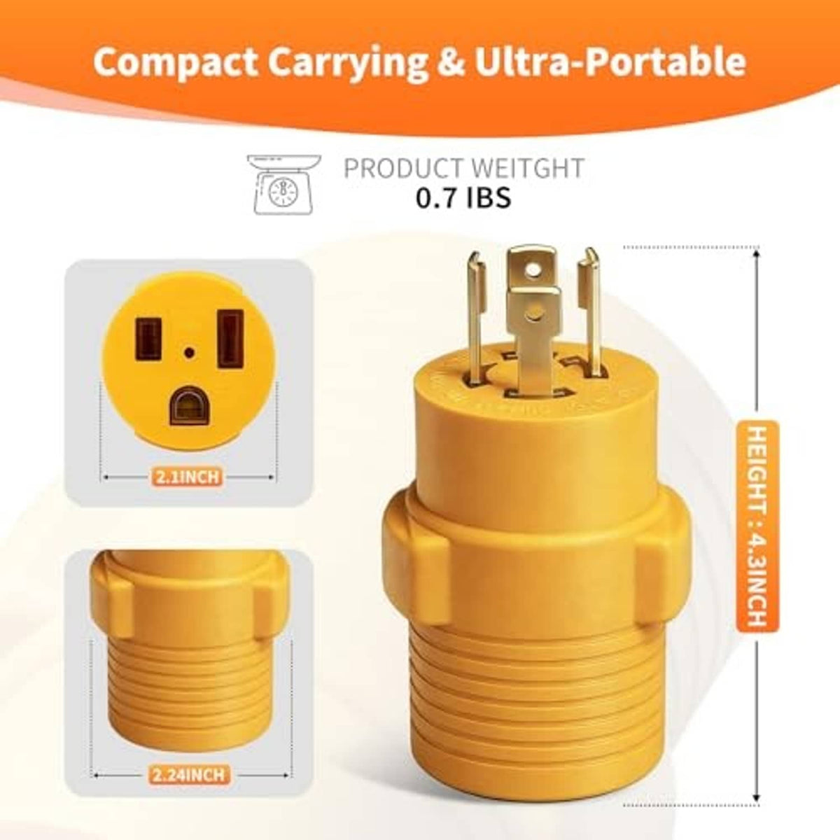 Yellow compact adapter plug with twist-lock outlet and small molded grip