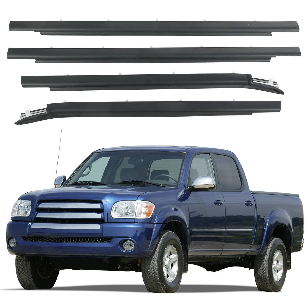 Set of black window moulding trim seal belts with clip channels, shown on a pickup
