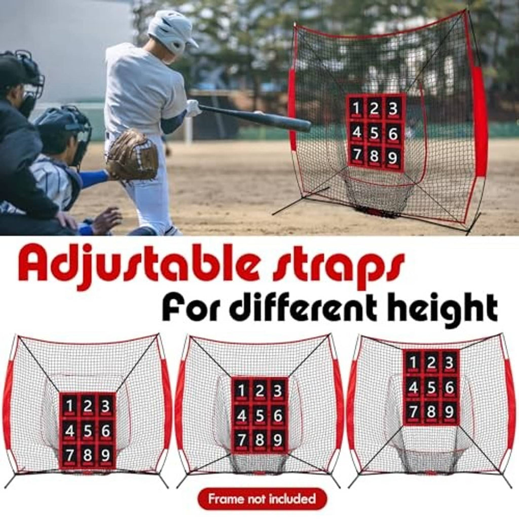Baseball pitching target net with adjustable straps and red-and-black 1-9 grid