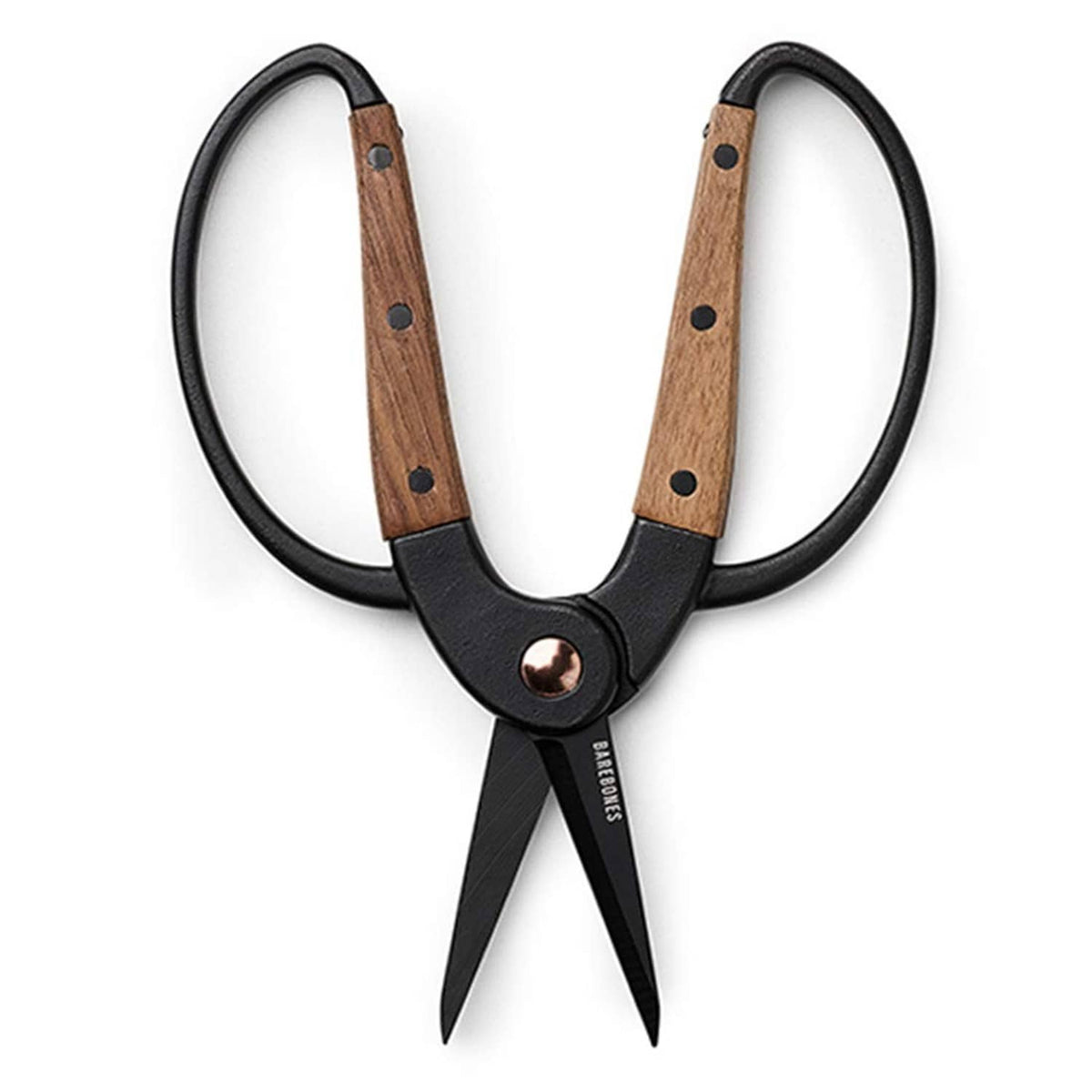 Compact garden shears with black finger rings and wooden handle panels, blades facing down.