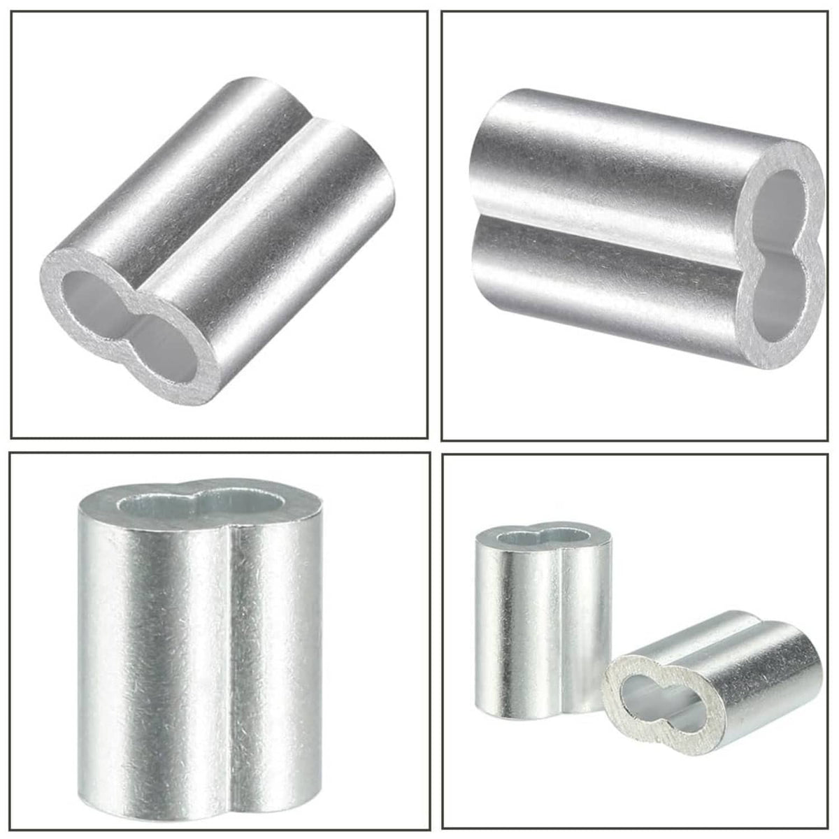 Silver aluminum crimp loop ferrule sleeves, front and side views