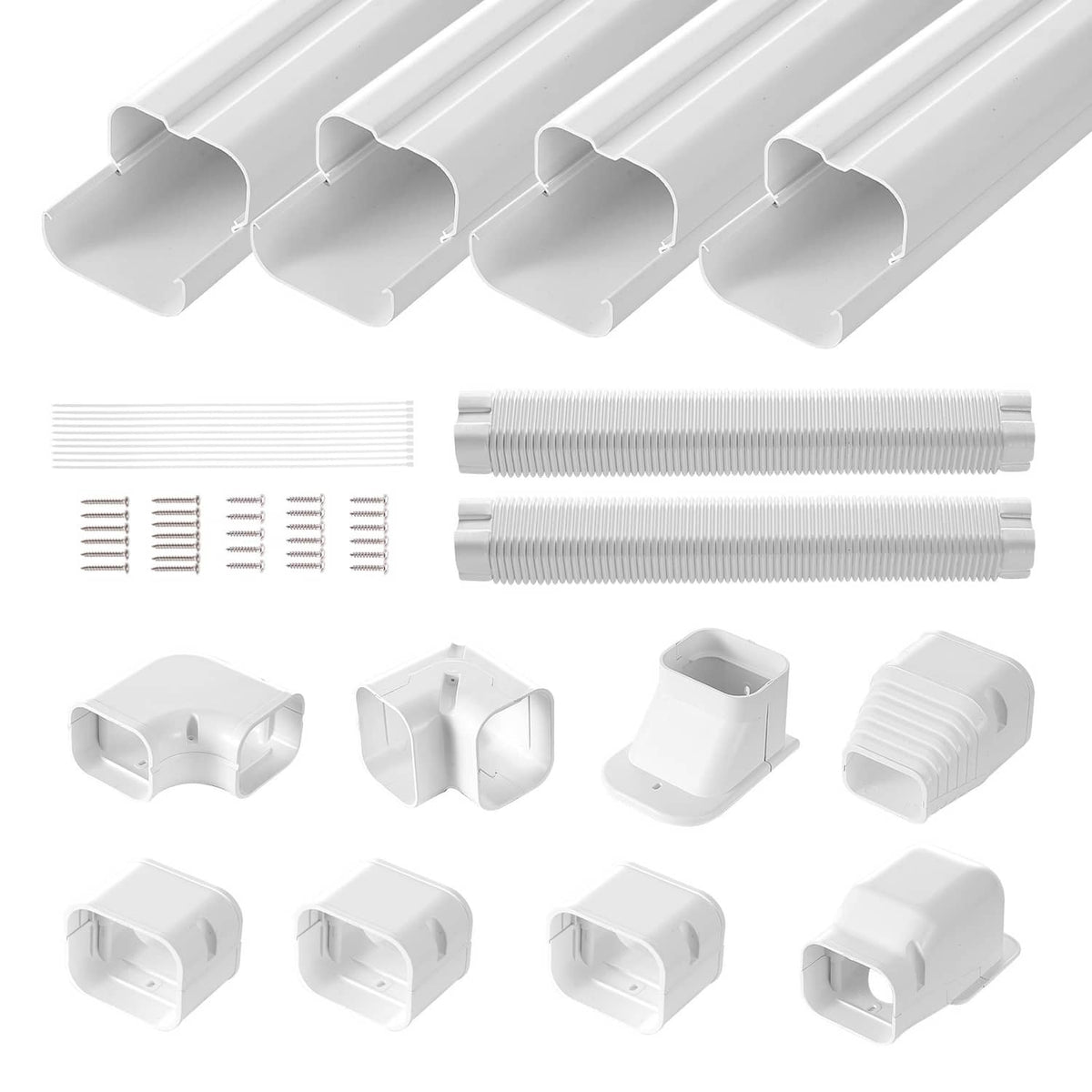 White PVC line set cover kit with straight covers, corrugated inserts, corner and end fittings