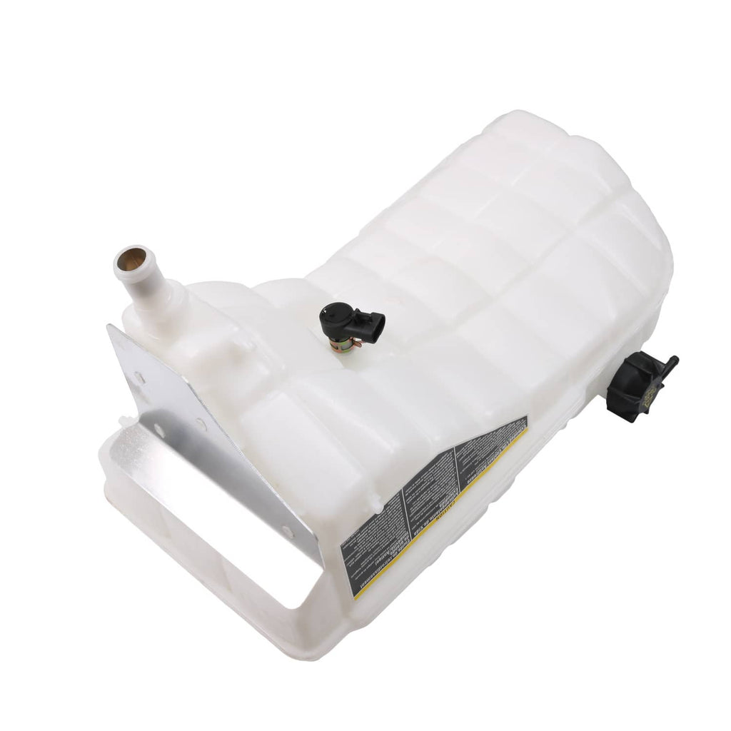 Coolant overflow reservoir tank, white plastic with mounted sensor and cap opening