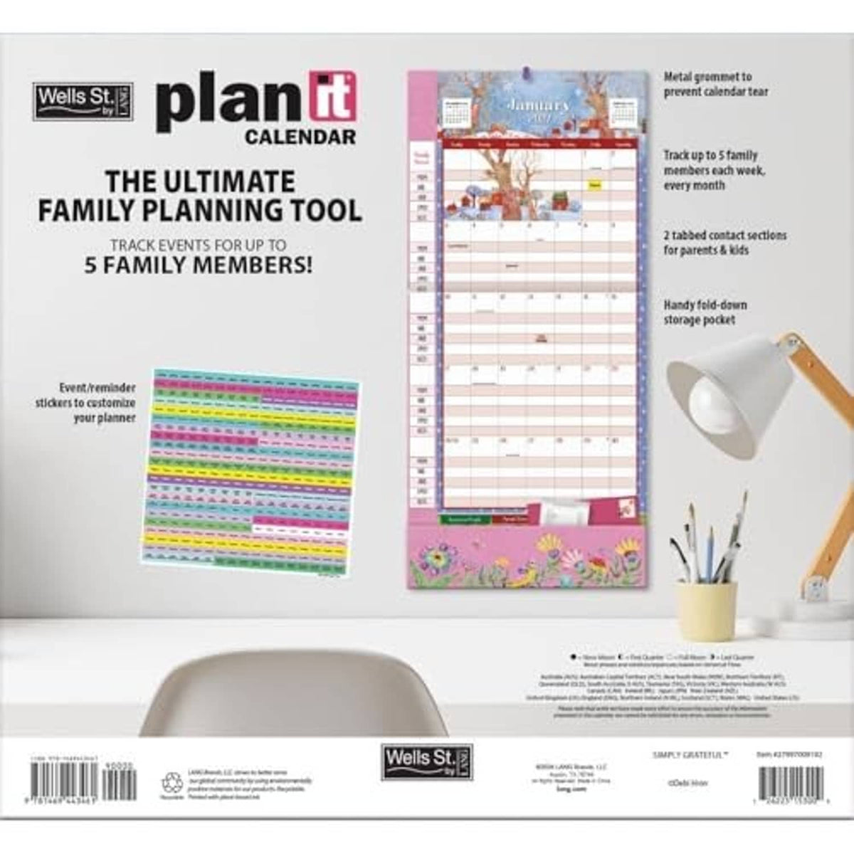 Family planning wall calendar back panel with monthly grid and feature callouts