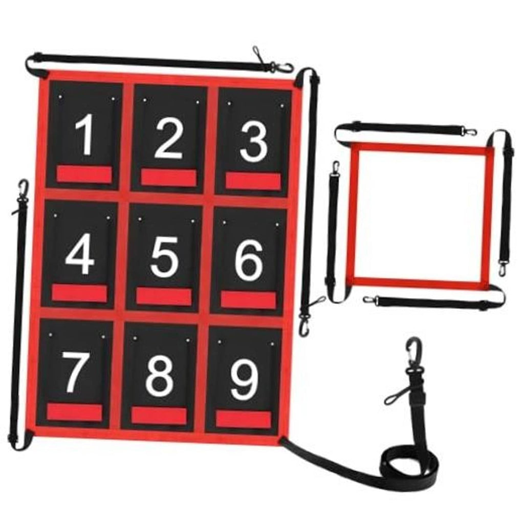 Adjustable baseball strike zone target net with numbered 1–9 red and black squares