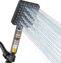 Matte black handheld shower head with multi-nozzle spray panel and hose connection
