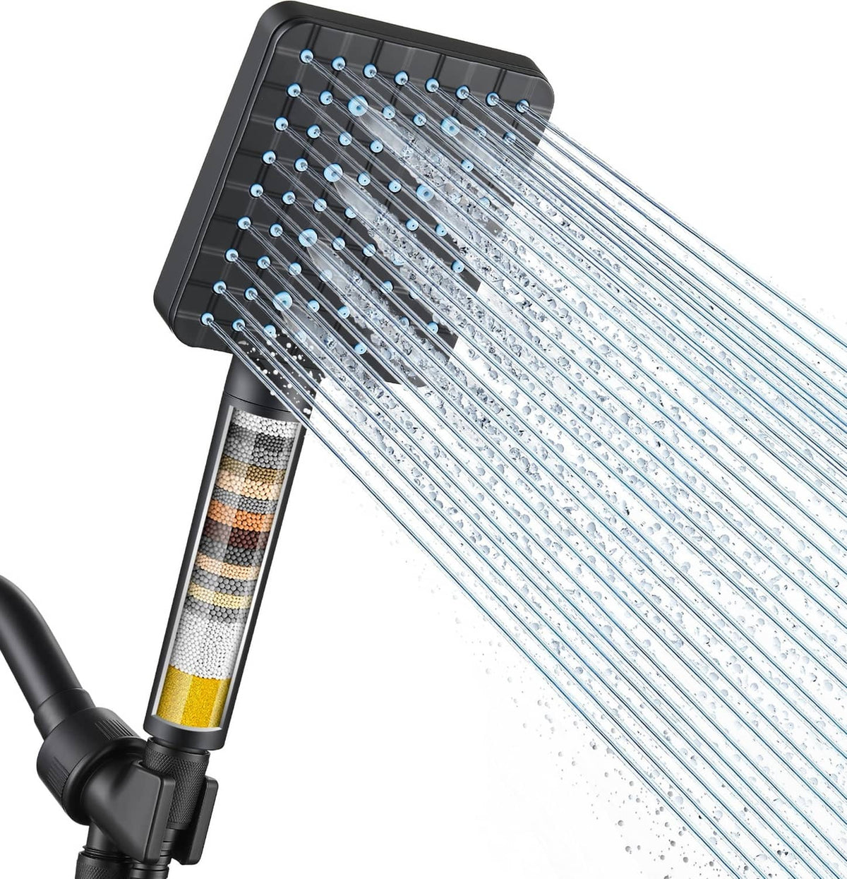 Matte black handheld shower head with multi-nozzle spray panel and hose connection