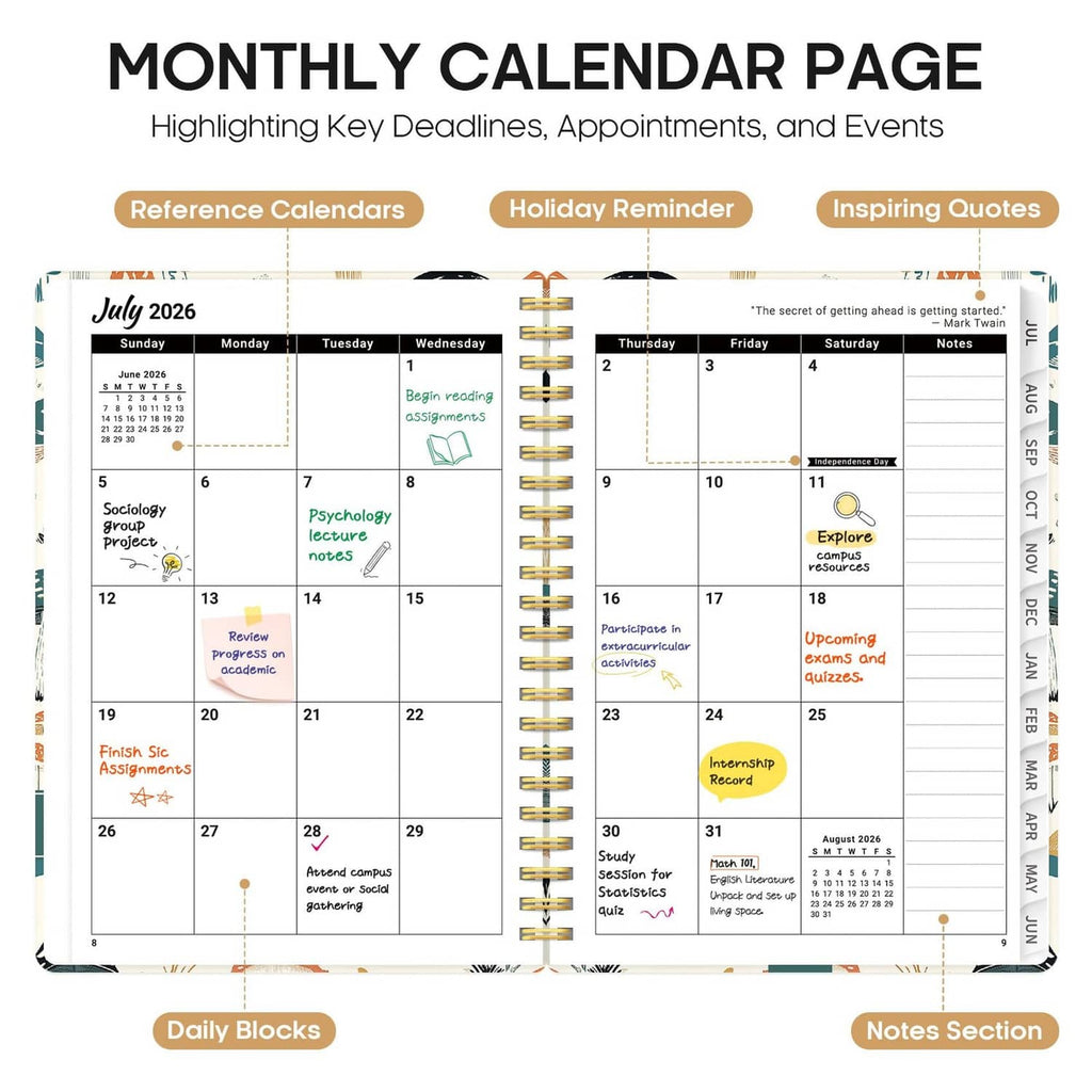 Academic planner monthly calendar page with key deadlines, notes, and events